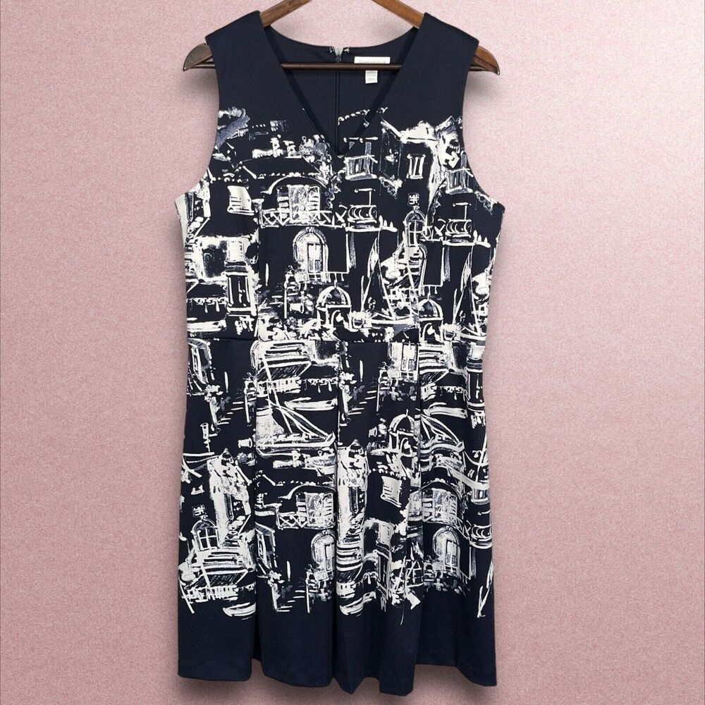 Charter Club Dress Women Size L Blue White Print Stretch Sleeveless‎ Ponte Artsy